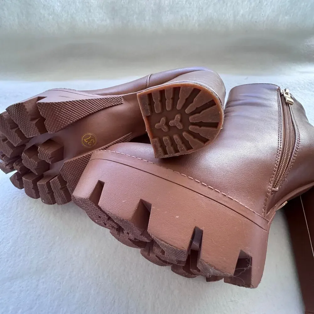 Studio F Chunky Platform Heeled Boots Size 37 – Brown Faux Leather Ankle Boots